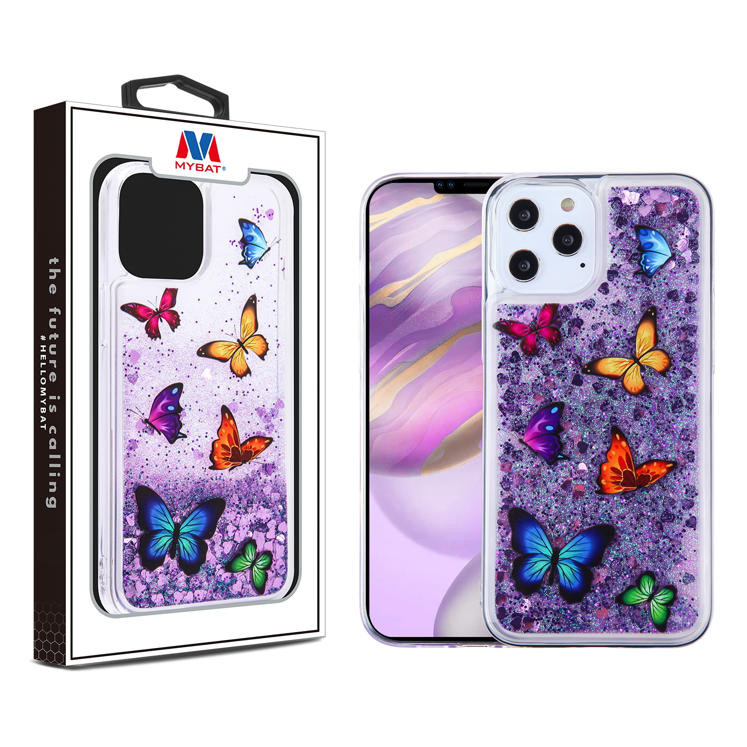 Mybat Glitter Hybrid Protector Case For Apple Iphone 12 Pro Max 6 7 Butterfly Dancing Purple Quicksand Hearts For Apple Iphone 12 Pro Max 6 7