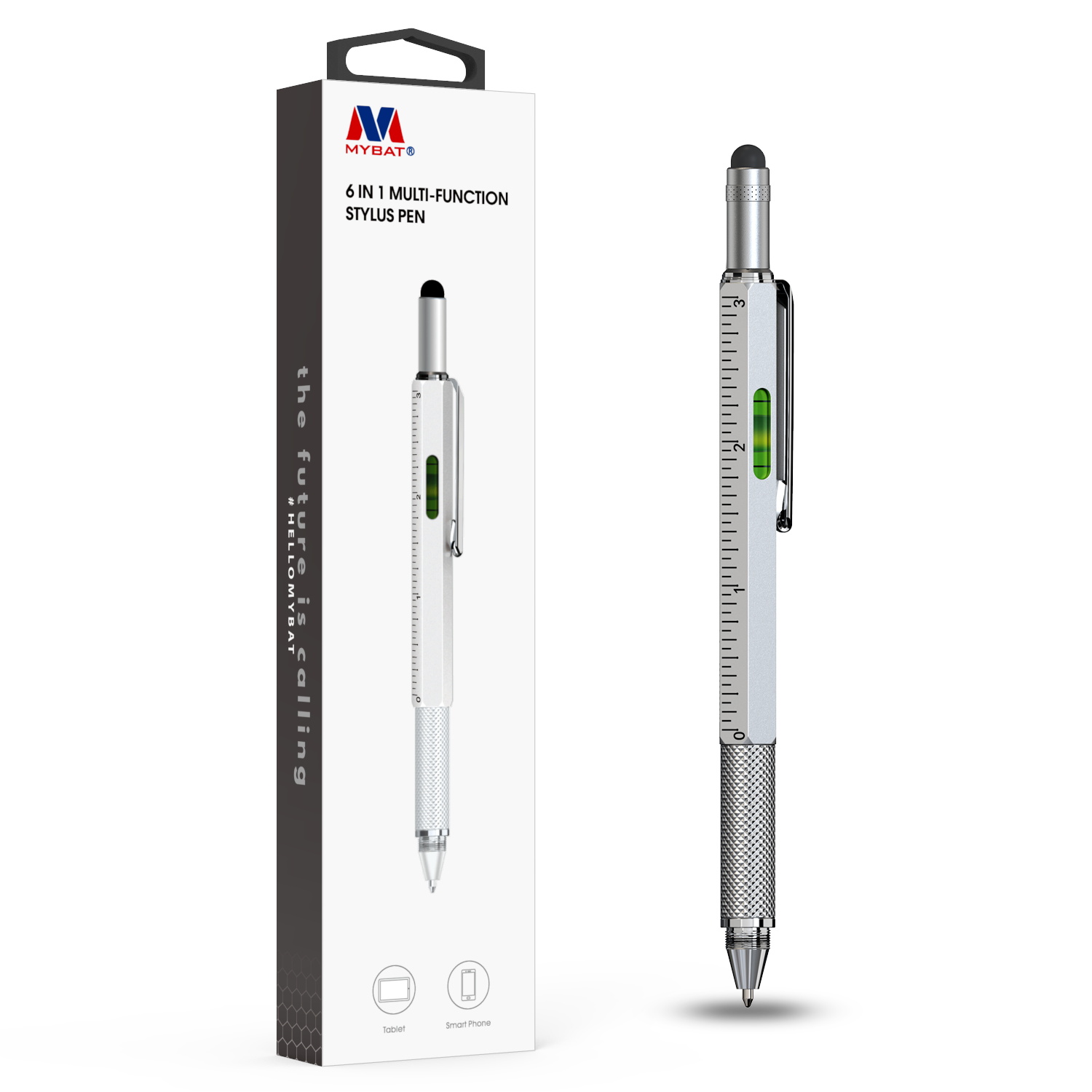 MyBat 6 in 1 Multi-function Stylus Pen (with Ballpoint Pen & Two End  Screwdrivers & Level Scale) - Silver